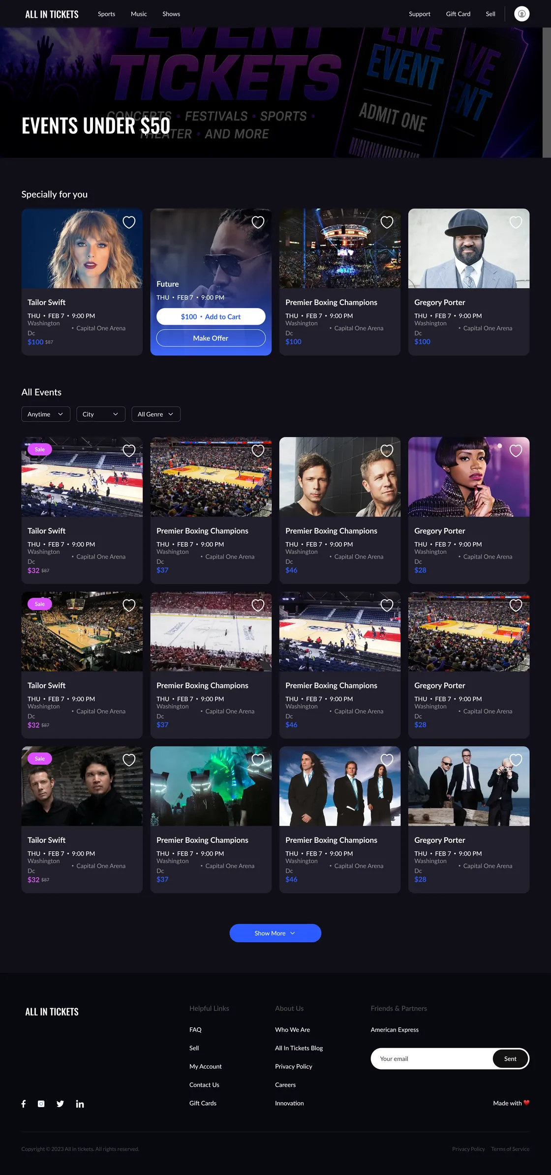 All In Tickets marketplace, full page